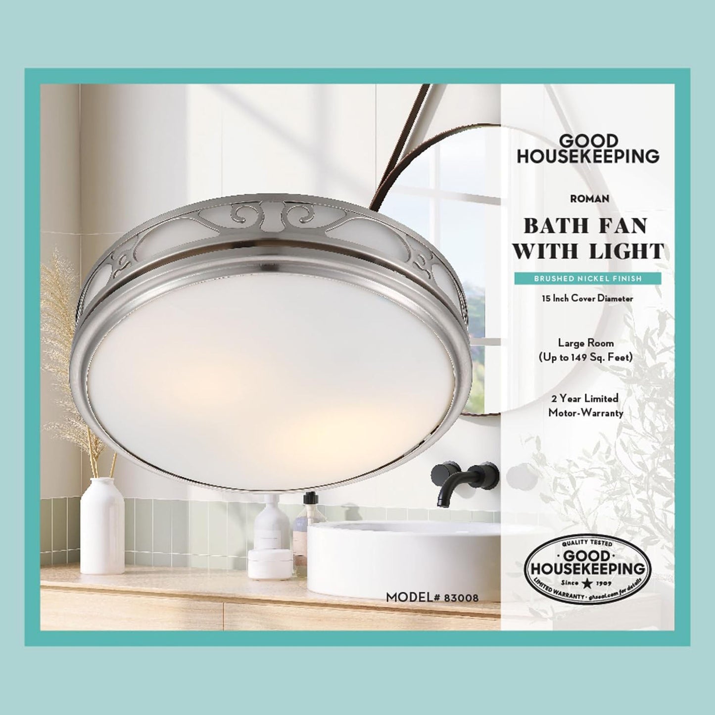 Good Housekeeping Roman Bathroom Ventilation Fan with Light, Brushed Nickel