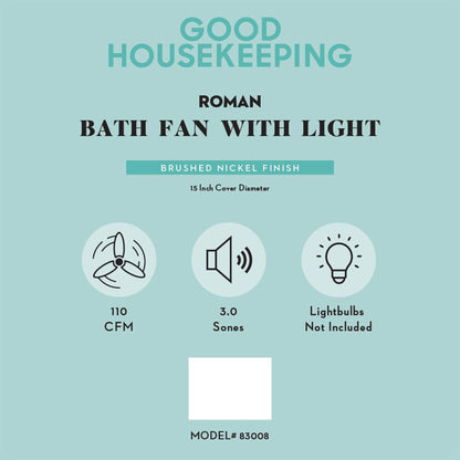 Good Housekeeping Roman Bathroom Ventilation Fan with Light, Brushed Nickel
