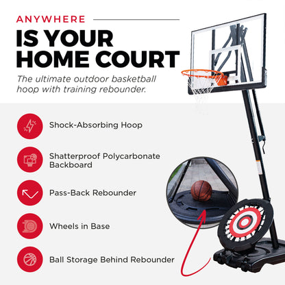 IE Sports Portable Basketball Hoop, Adjustable Height, 44" Backboard & Rebounder