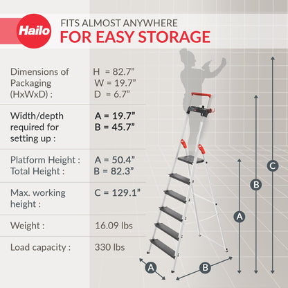 Hailo Folding 6 Step Non-Slip Ladder for Home & Kitchen, L100, Silver/Black