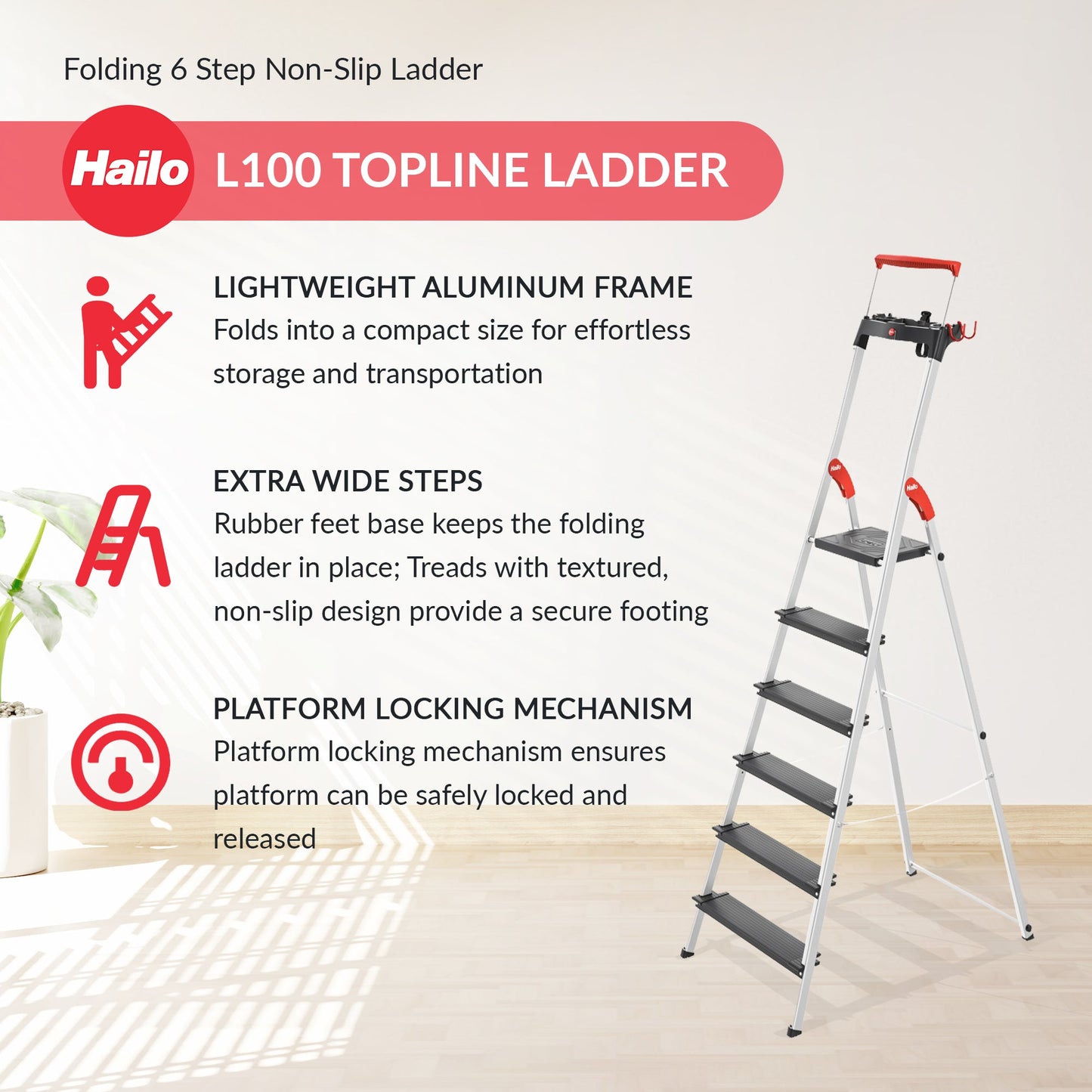Hailo Folding 6 Step Non-Slip Ladder for Home & Kitchen, L100, Silver/Black