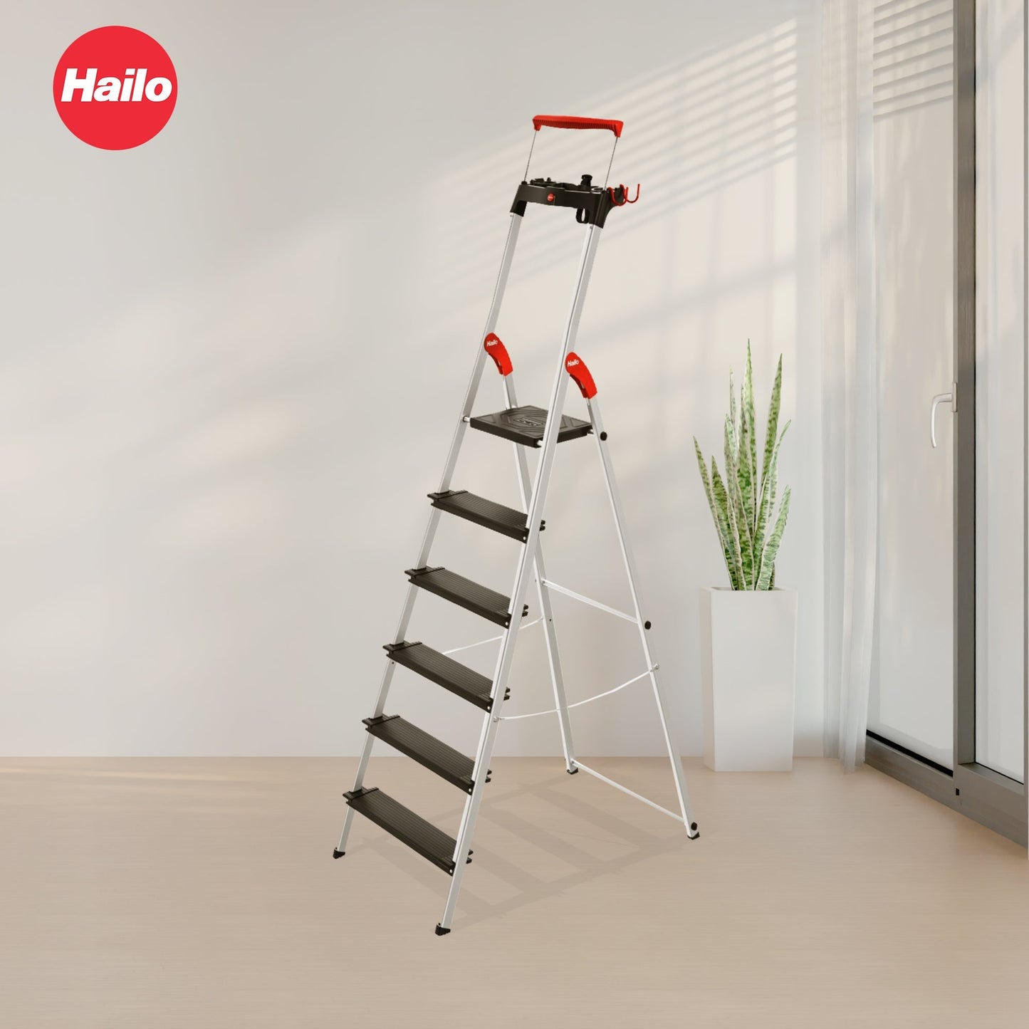 Hailo Folding 6 Step Non-Slip Ladder for Home & Kitchen, L100, Silver/Black