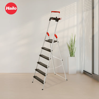 Hailo Folding 6 Step Non-Slip Ladder for Home & Kitchen, L100, Silver/Black