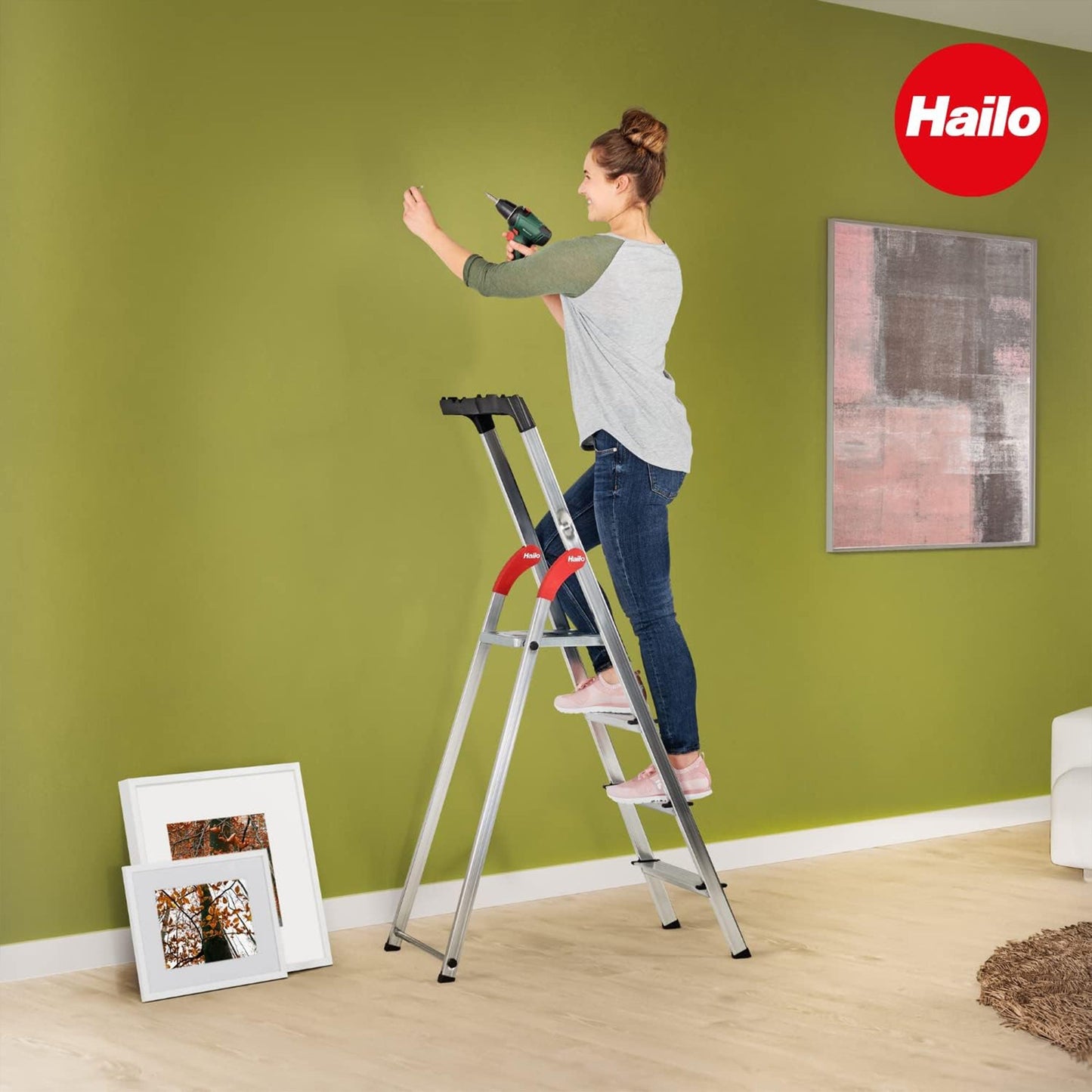 Hailo Folding Step Ladder, Non-Slip, 8 Steps for Home & Kitchen, L60, Silver/Red