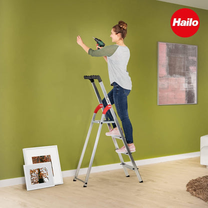 Hailo Folding Step Ladder, Non-Slip, 8 Steps for Home & Kitchen, L60, Silver/Red