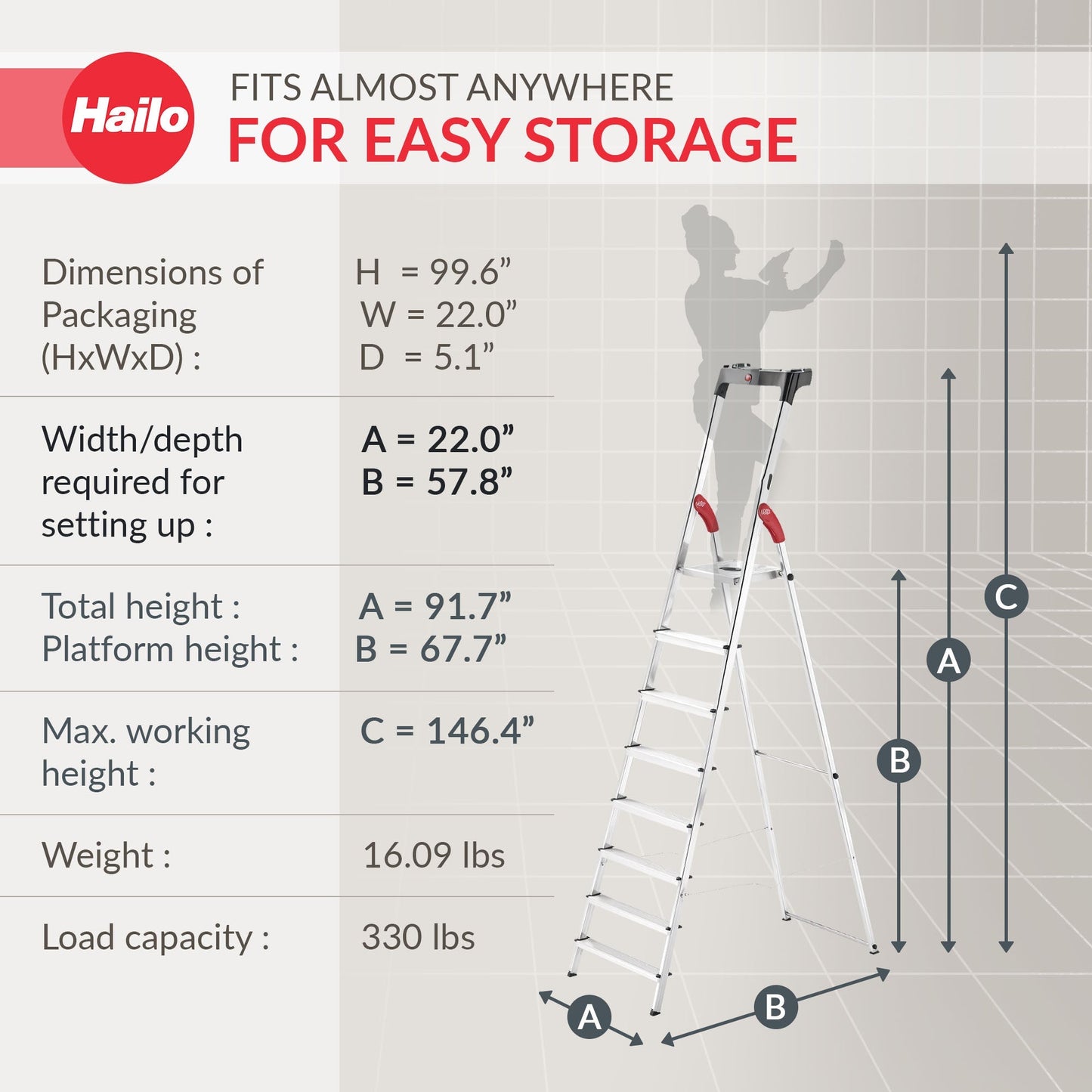 Hailo Folding Step Ladder, Non-Slip, 8 Steps for Home & Kitchen, L60, Silver/Red