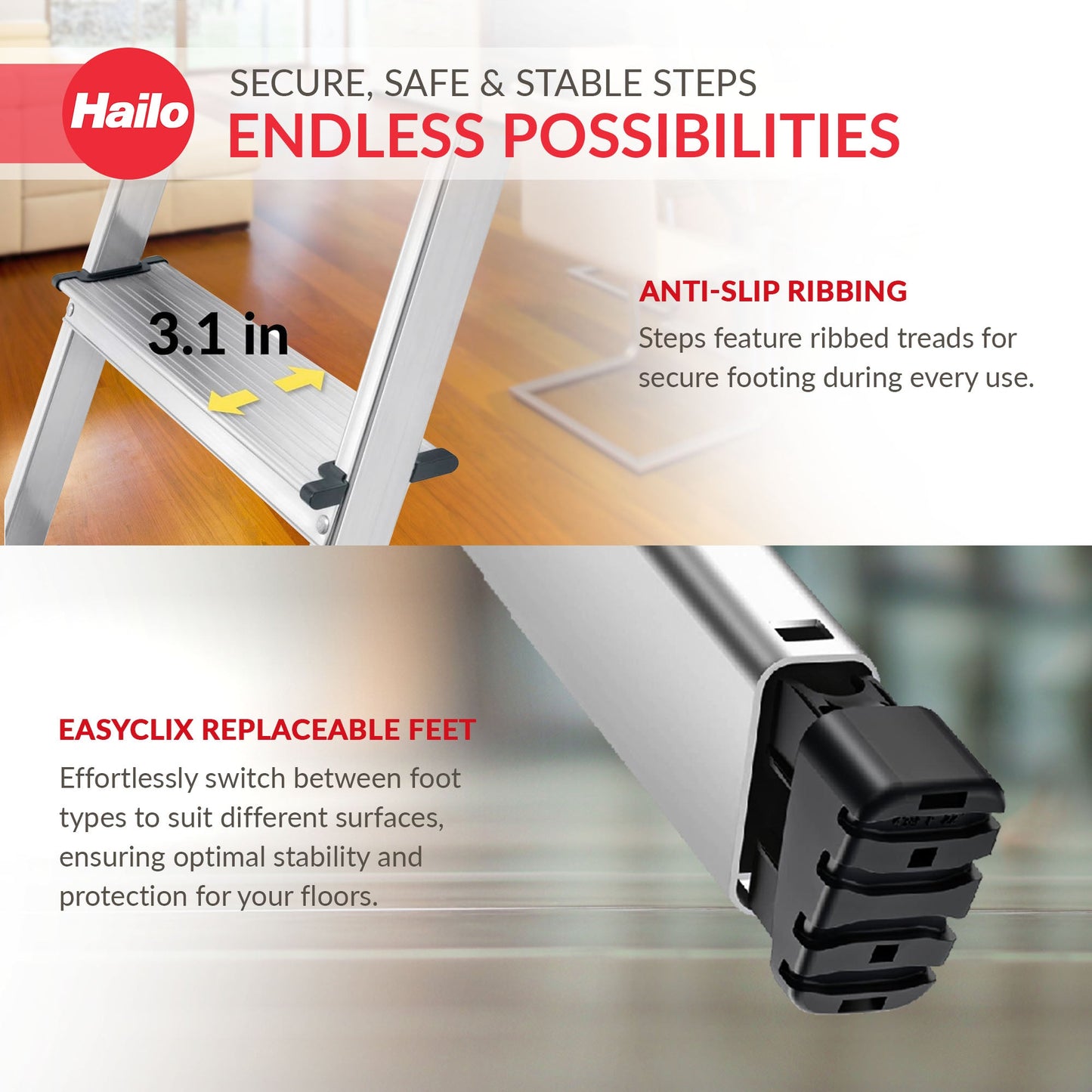 Hailo Folding Step Ladder, Non-Slip, 8 Steps for Home & Kitchen, L60, Silver/Red