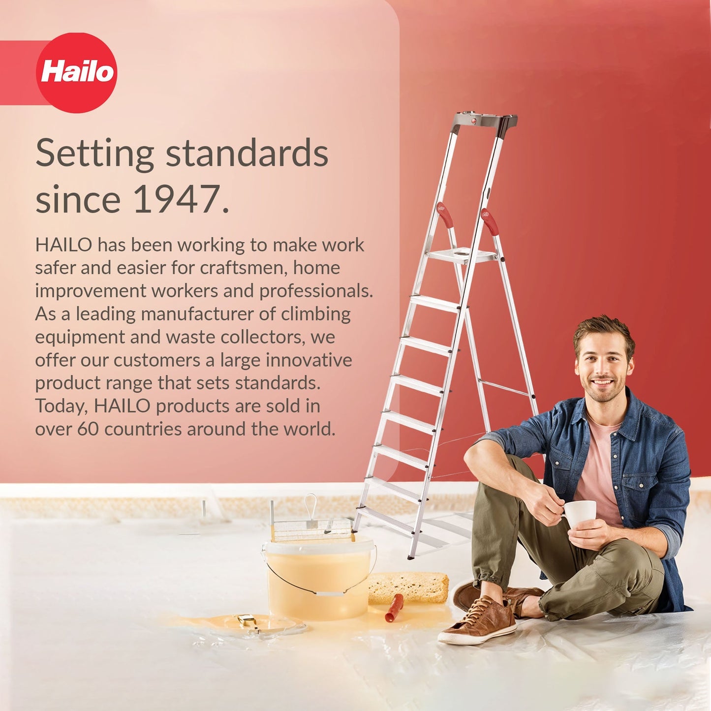Hailo Folding Step Ladder, Non-Slip, 8 Steps for Home & Kitchen, L60, Silver/Red