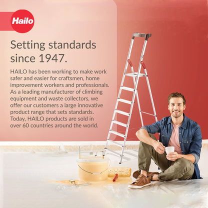Hailo Folding Step Ladder, Non-Slip, 8 Steps for Home & Kitchen, L60, Silver/Red