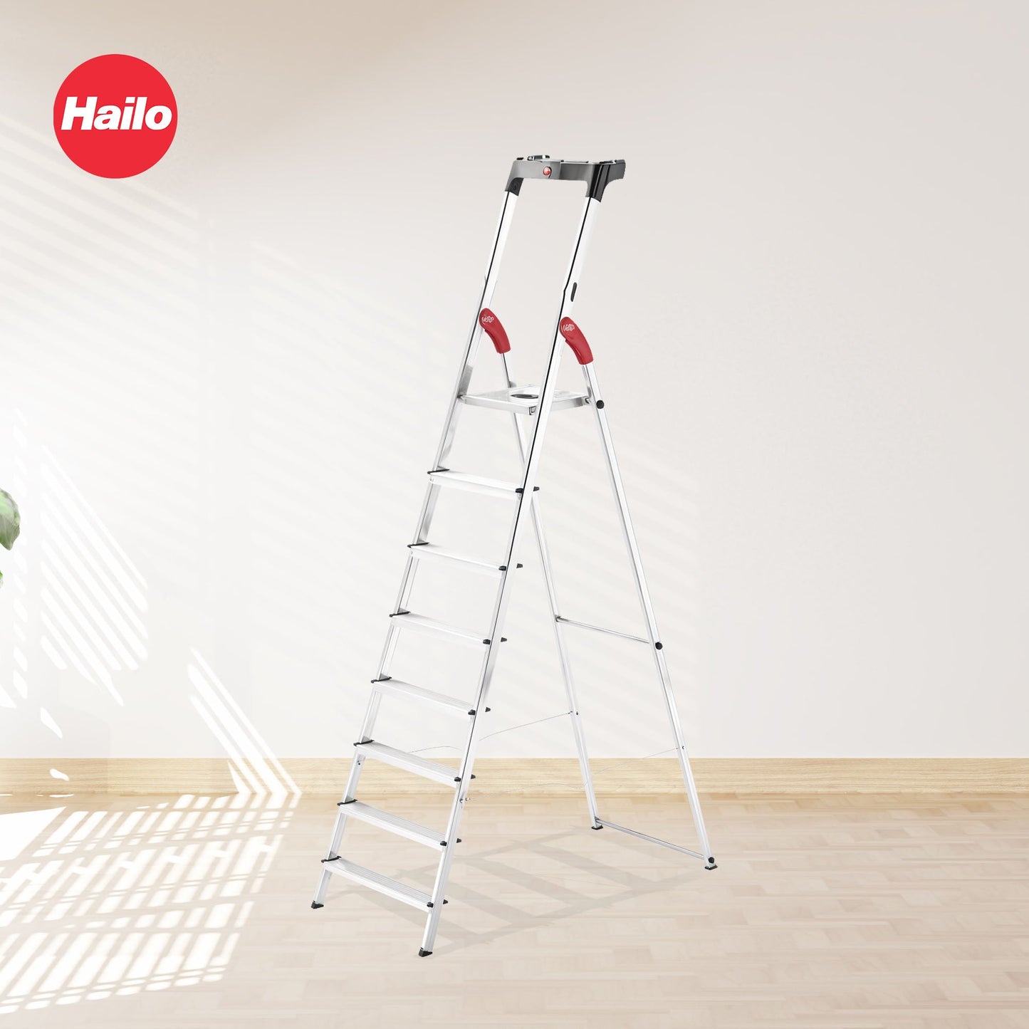 Hailo Folding Step Ladder, Non-Slip, 8 Steps for Home & Kitchen, L60, Silver/Red