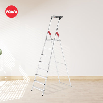 Hailo Folding Step Ladder, Non-Slip, 8 Steps for Home & Kitchen, L60, Silver/Red