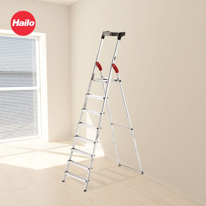 Hailo Folding Step Ladder, Non-Slip, 8 Steps for Home & Kitchen, L60, Silver/Red
