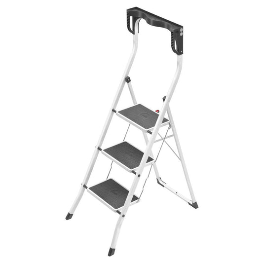 Hailo Folding Step Stool, Non-Slip 3 Step Steel Ladder for Home & Kitchen, White