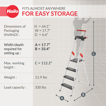 Hailo Folding 4 Step Non-Slip Ladder for Home & Kitchen, L100, Silver/Black