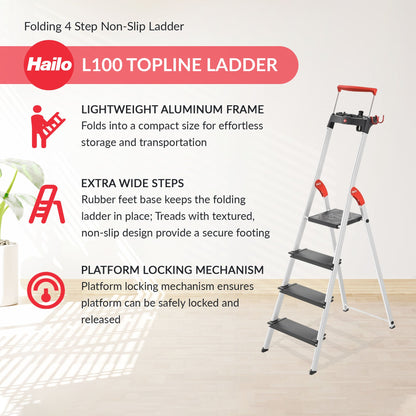 Hailo Folding 4 Step Non-Slip Ladder for Home & Kitchen, L100, Silver/Black