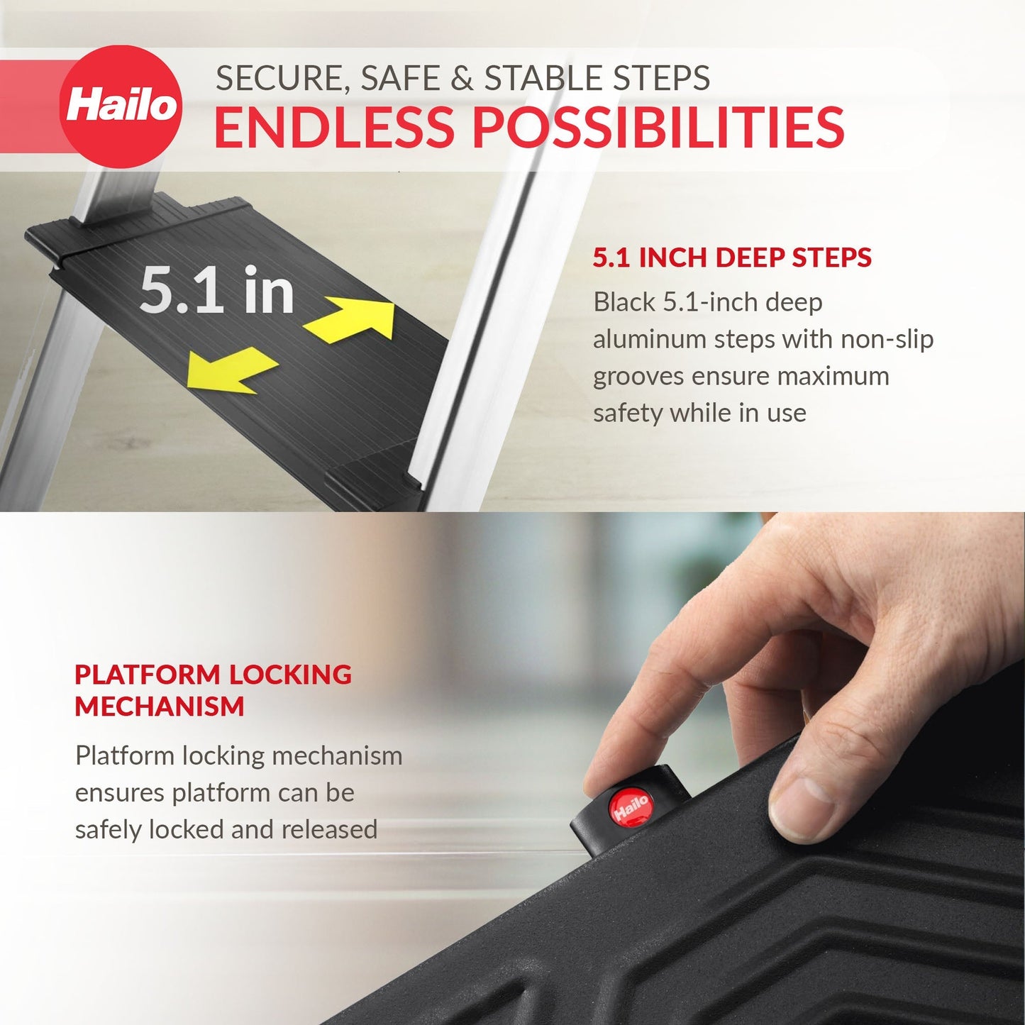 Hailo Folding 4 Step Non-Slip Ladder for Home & Kitchen, L100, Silver/Black