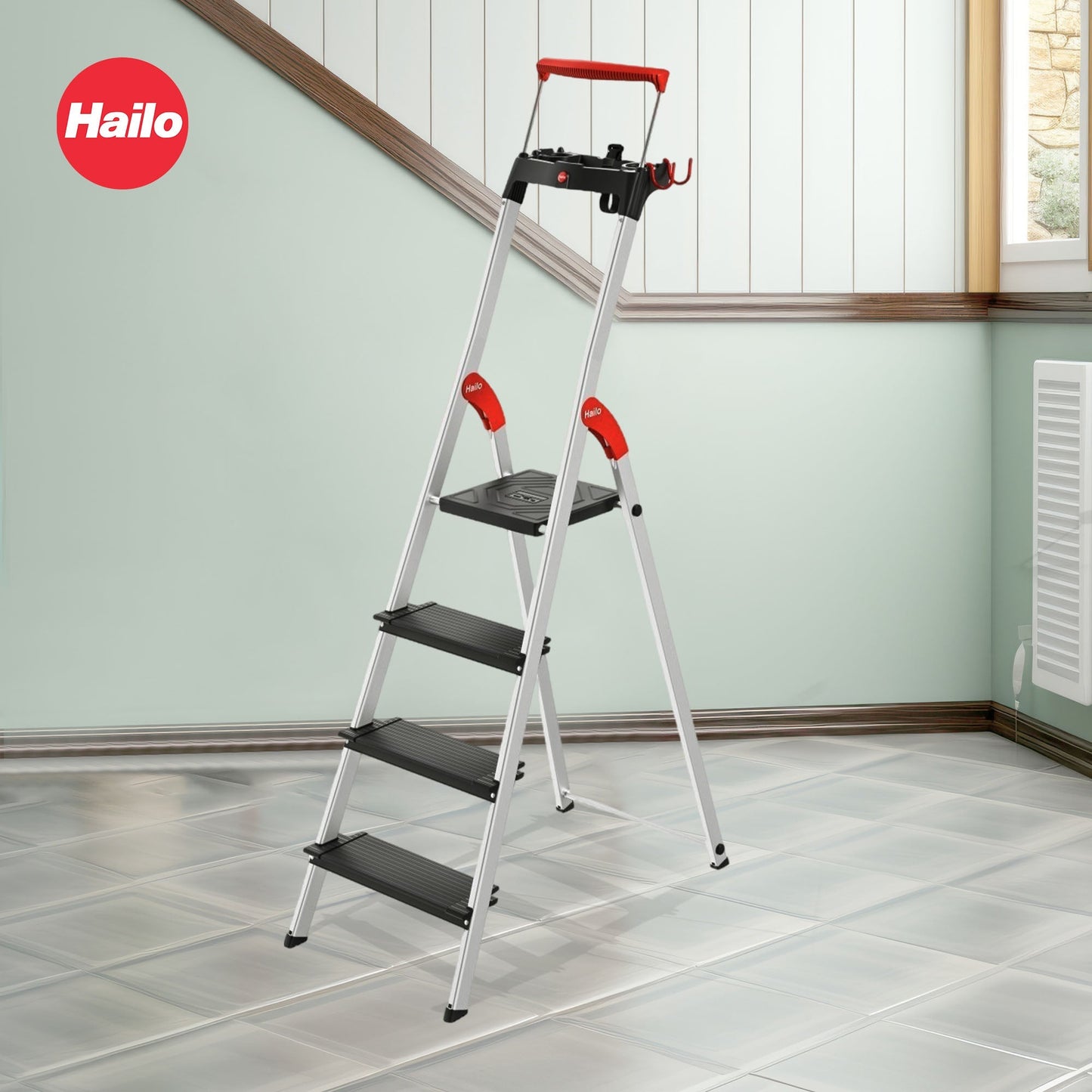 Hailo Folding 4 Step Non-Slip Ladder for Home & Kitchen, L100, Silver/Black