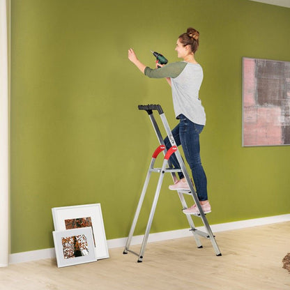 Hailo Folding Step Stool, 5 Step Ladder w/ Tray for Home & Kitchen, L60, Silver