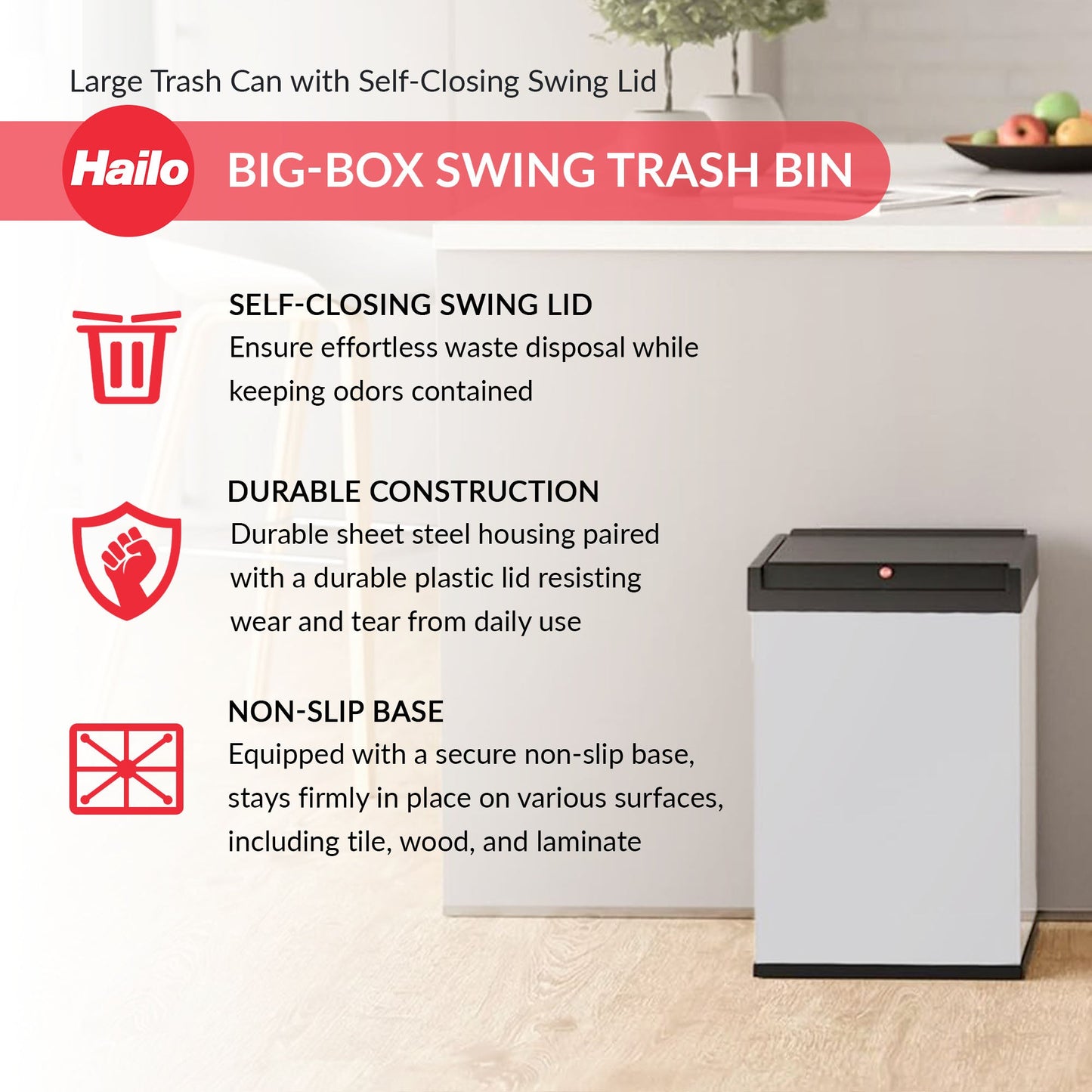 Hailo Big-Box Swing Trash Bin, 9.2 Gallon, Non-Slip Base, White with Black Lid