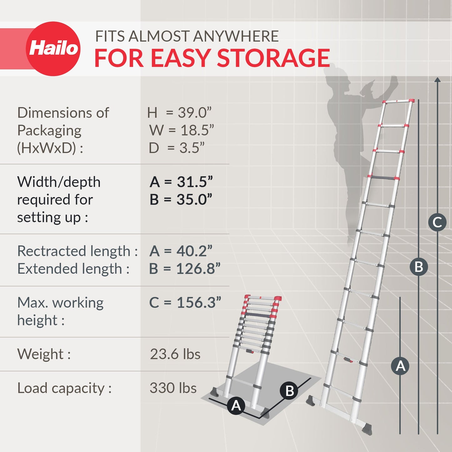 Hailo Height Adjustable Portable Compact Aluminum Telescoping Ladder, Red/Black