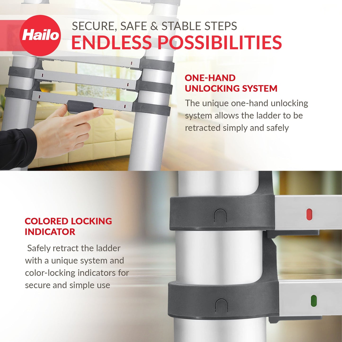 Hailo Height Adjustable Portable Compact Aluminum Telescoping Ladder, Red/Black