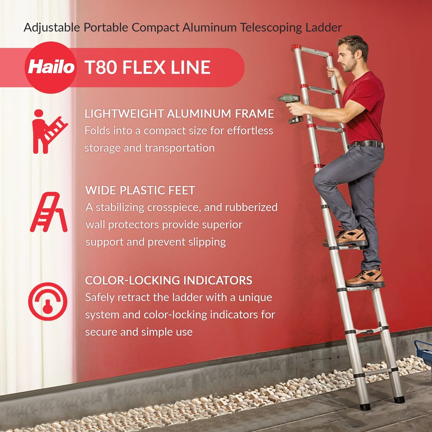 Hailo Height Adjustable Portable Compact Aluminum Telescoping Ladder, Red/Black