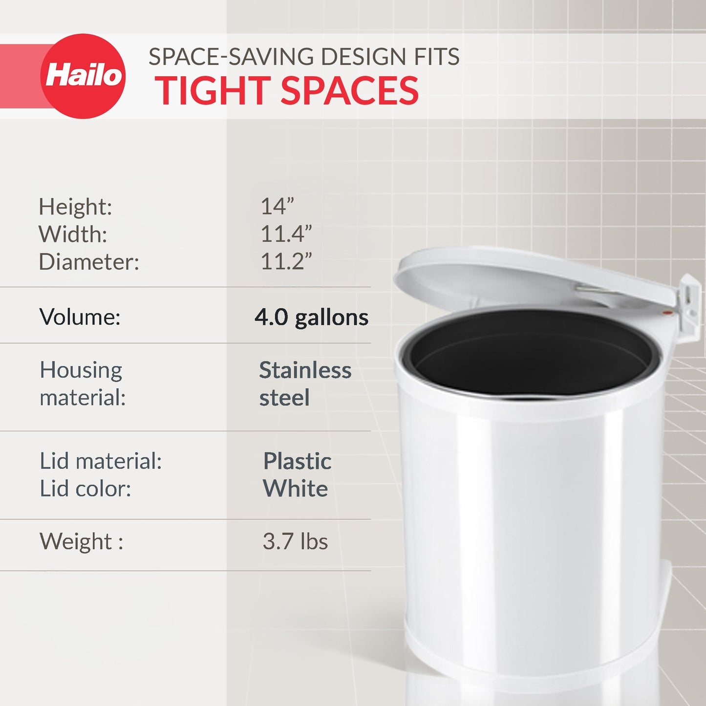 Hailo Compact-Box M Trash Can, 4 Gallon, Lid-Lift, Small Kitchen Bin, White