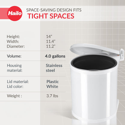 Hailo Compact-Box M Trash Can, 4 Gallon, Lid-Lift, Small Kitchen Bin, White