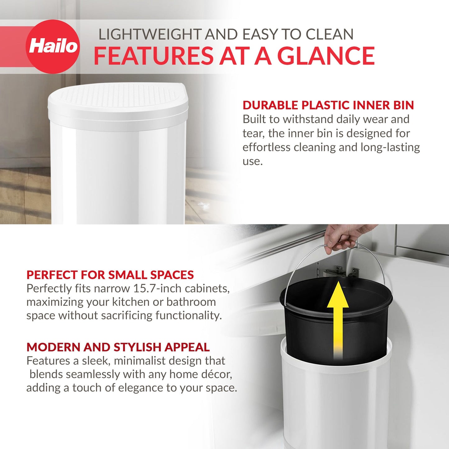 Hailo Compact-Box M Trash Can, 4 Gallon, Lid-Lift, Small Kitchen Bin, White