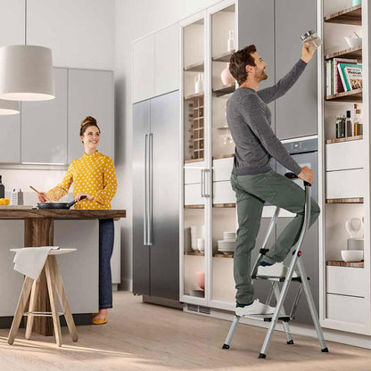 Hailo Folding Step Stool, 3 Step Ladder w/Tray for Home & Kitchen, K100, Silver