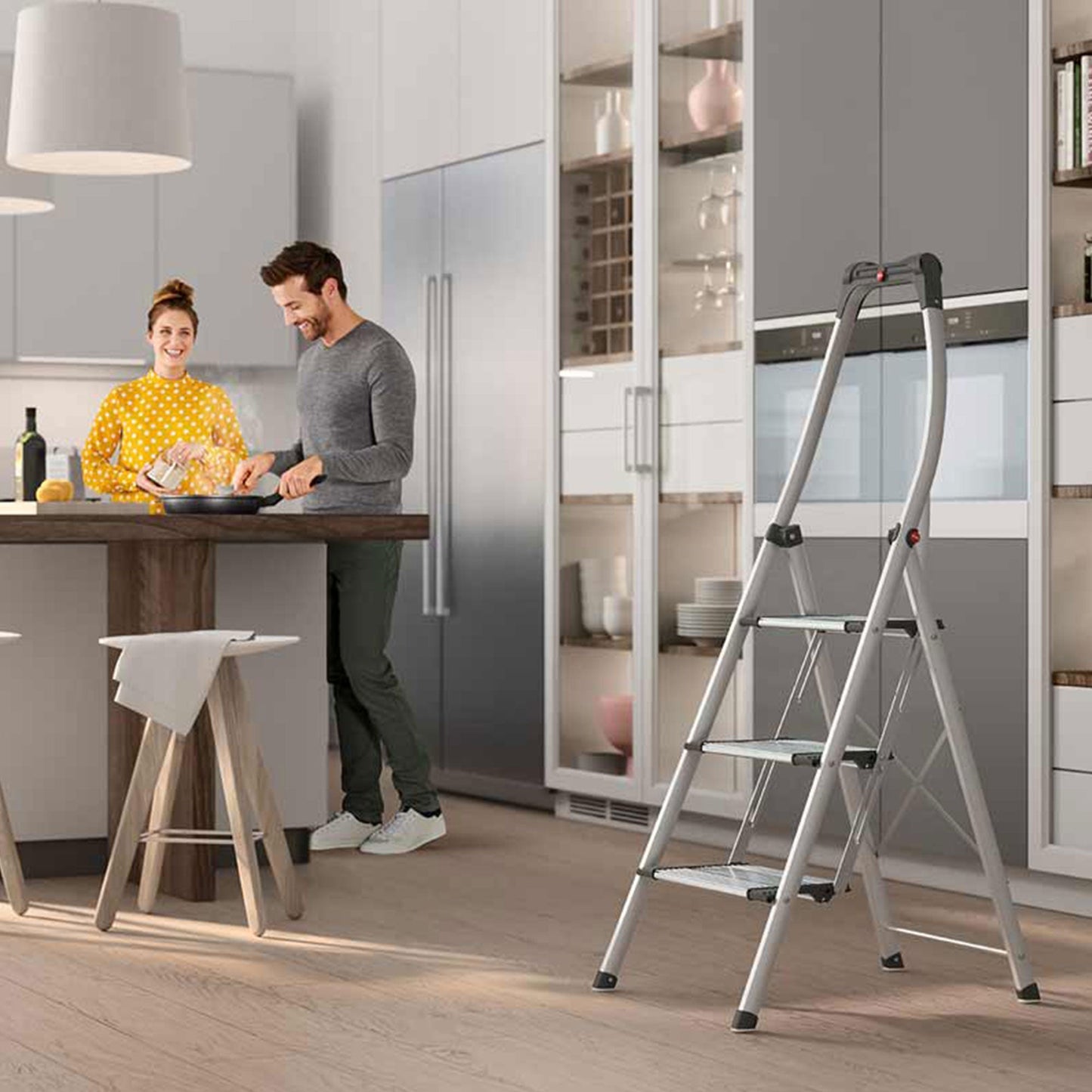 Hailo Folding Step Stool, 3 Step Ladder w/Tray for Home & Kitchen, K100, Silver