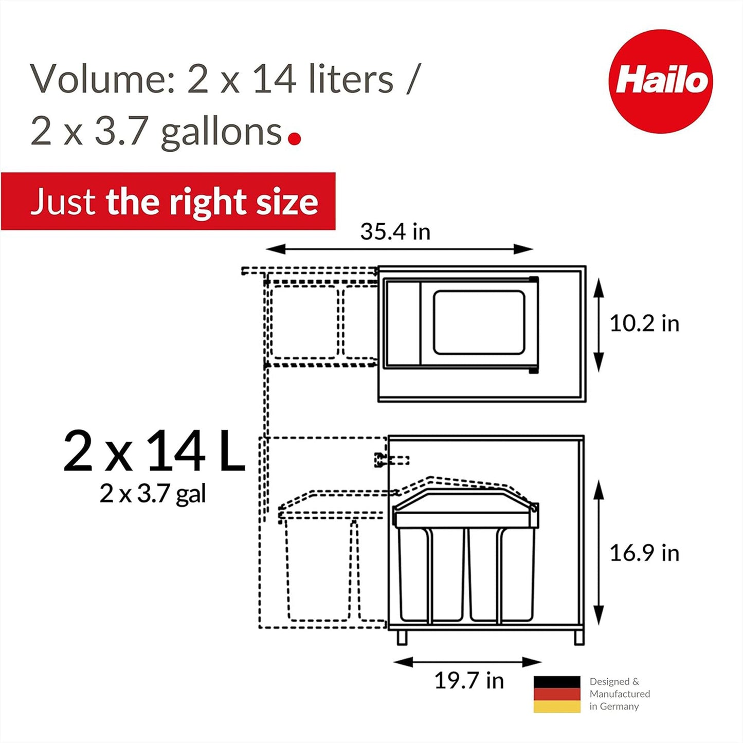 Hailo Multi-Box Duo L Pull-Out Trash Can, 11.8" Cabinet, 2 Bins, 3.7 Gal, Blue