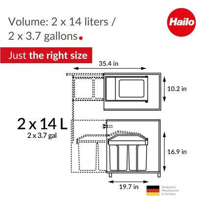 Hailo Multi-Box Duo L Pull-Out Trash Can, 11.8" Cabinet, 2 Bins, 3.7 Gal, Blue