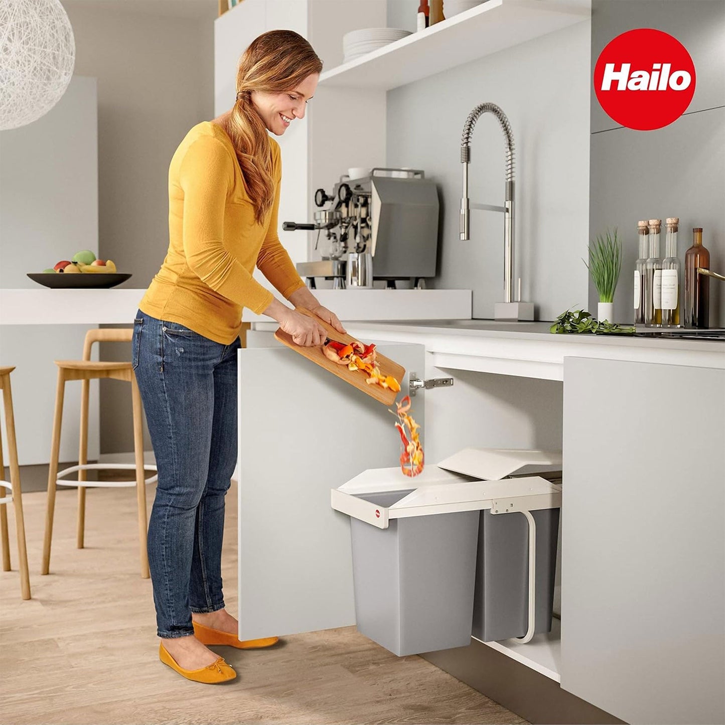 Hailo Multi-Box Duo L Pull-Out Trash Can, 11.8" Cabinet, 2 Bins, 3.7 Gal, Blue