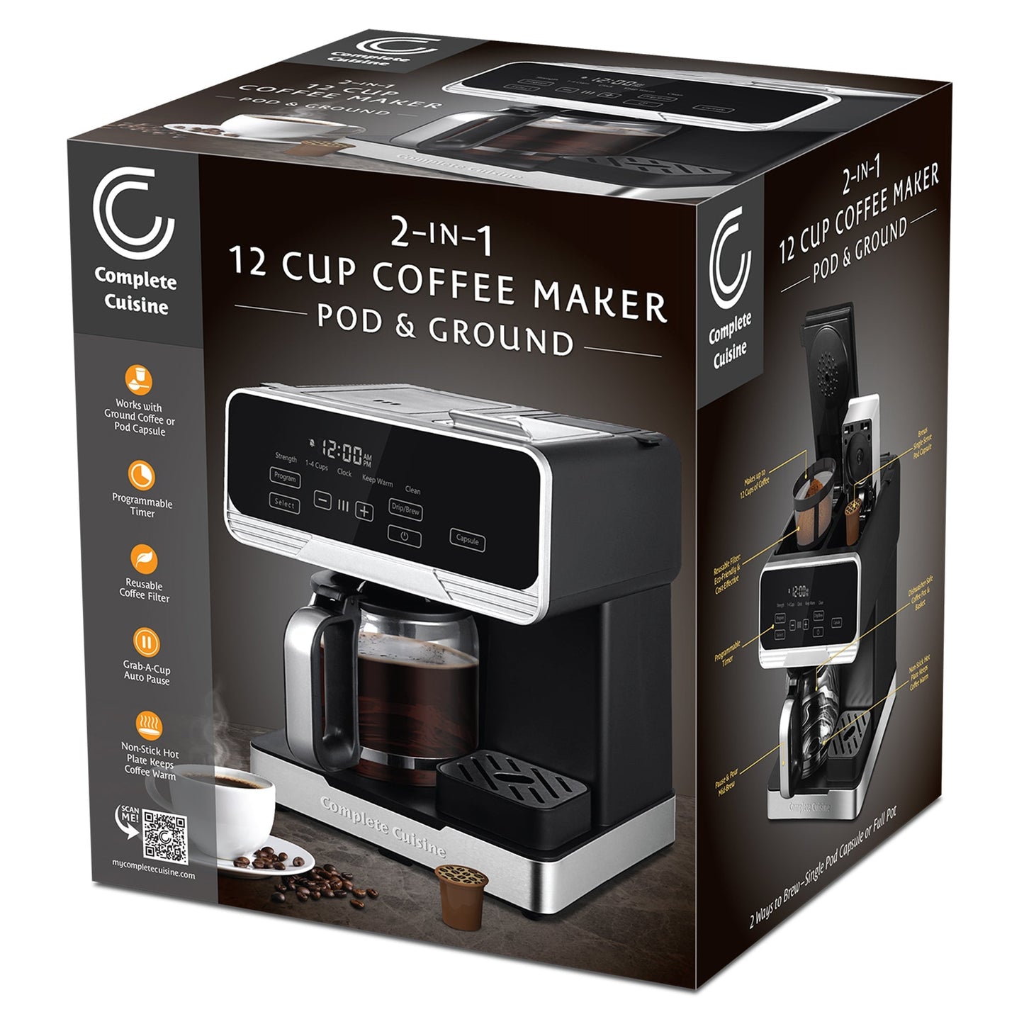 Complete Cuisine 2-in-1 Programmable Coffee Maker, 12-Cup Pot & Single-Serve Pod