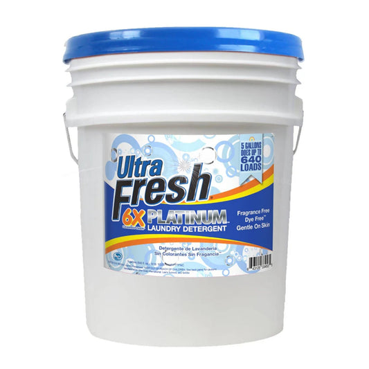 Ultra Fresh 6X Platinum Laundry Detergent, Fragrance Free + Dye Free, 5 Gallon