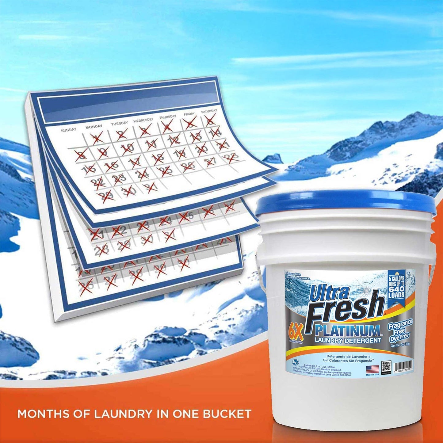 Ultra Fresh 6X Platinum Laundry Detergent, Fragrance Free + Dye Free, 5 Gallon