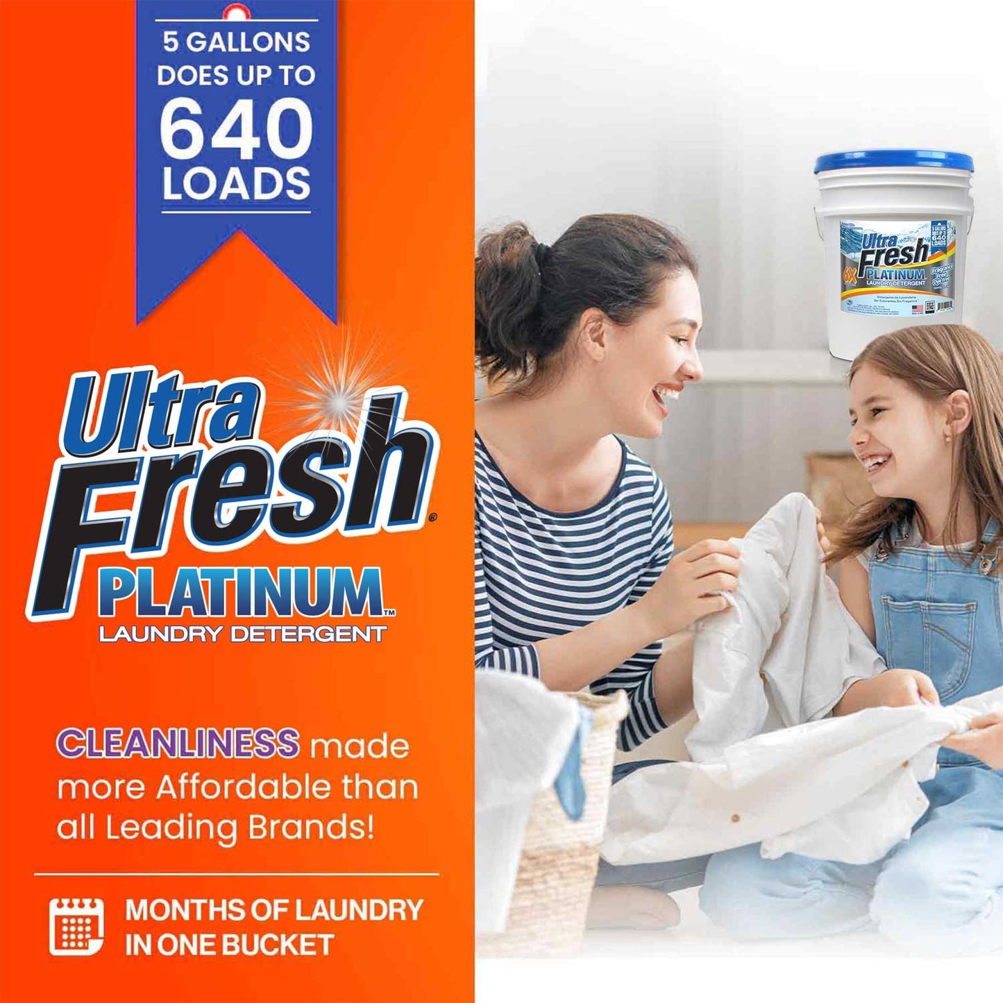 Ultra Fresh 6X Platinum Laundry Detergent, Fragrance Free + Dye Free, 5 Gallon
