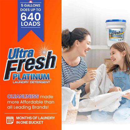 Ultra Fresh 6X Platinum Laundry Detergent, Fragrance Free + Dye Free, 5 Gallon