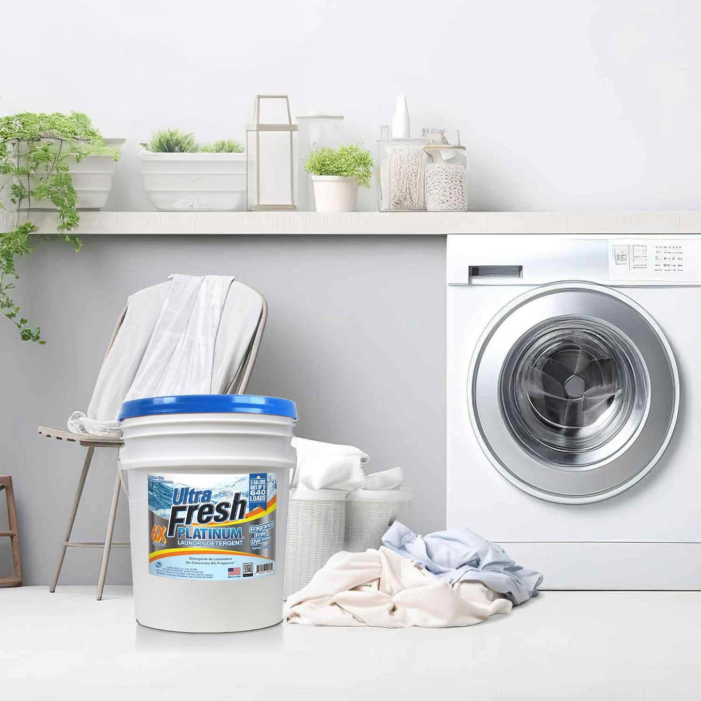 Ultra Fresh 6X Platinum Laundry Detergent, Fragrance Free + Dye Free, 5 Gallon