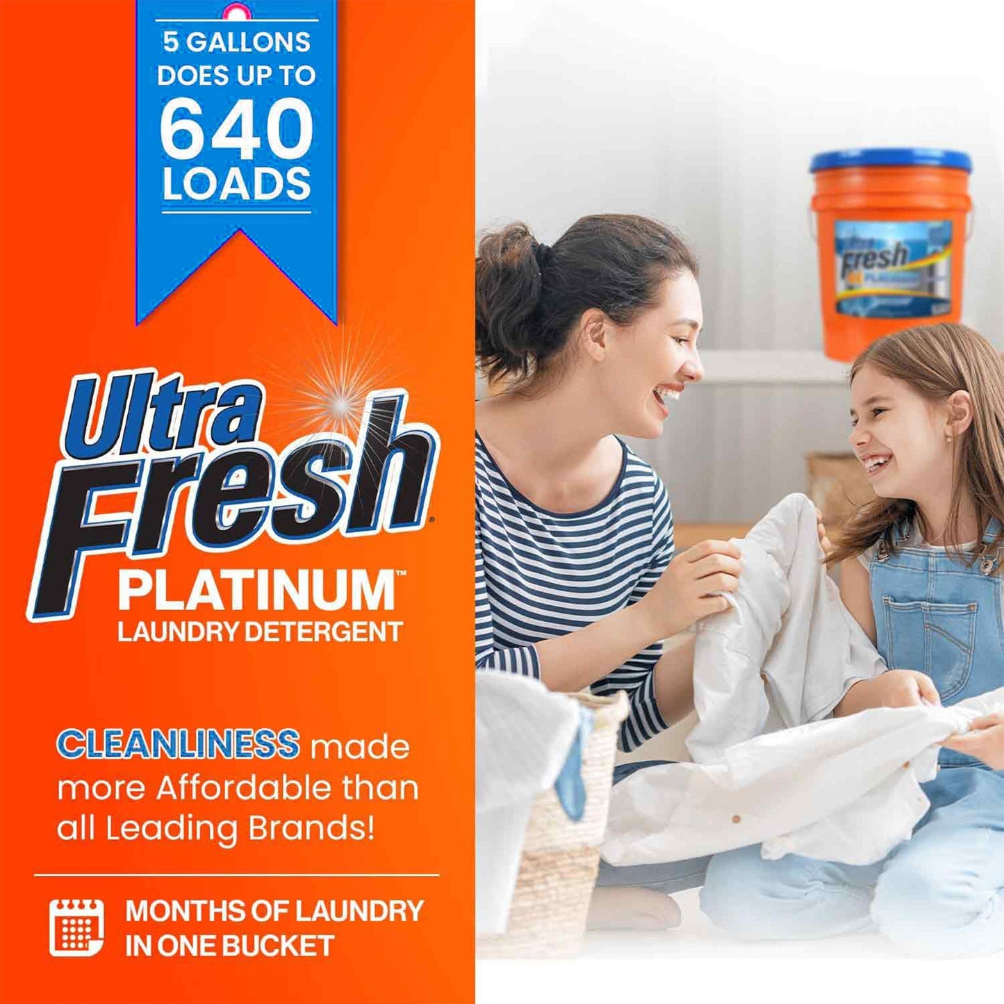 Ultra Fresh 6X Platinum Laundry Detergent, Up to 640 Loads, ColdWater, 5 Gallon