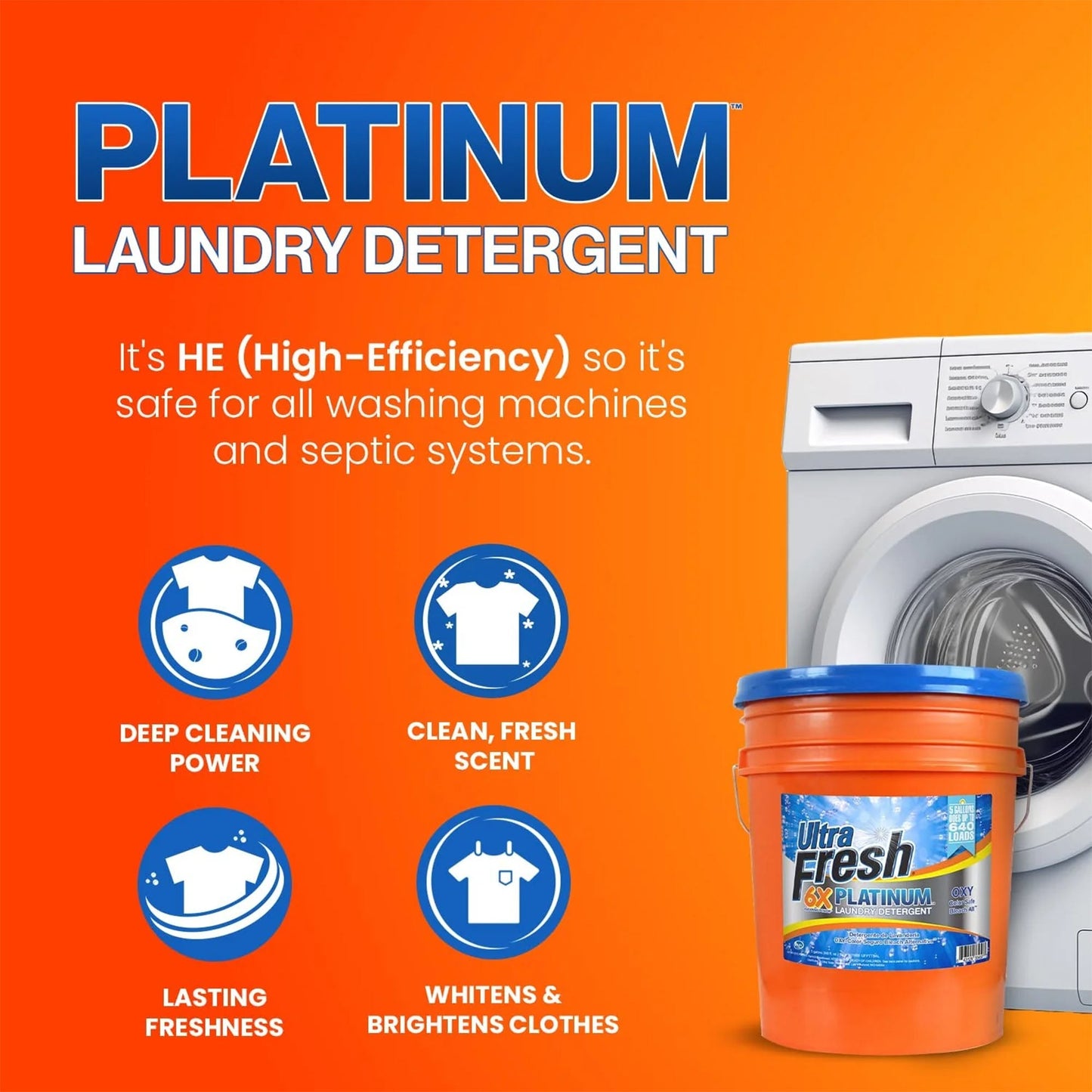 Ultra Fresh 6X Platinum Laundry Detergent, Up to 640 Loads, Bleach Alt, 5 Gallon