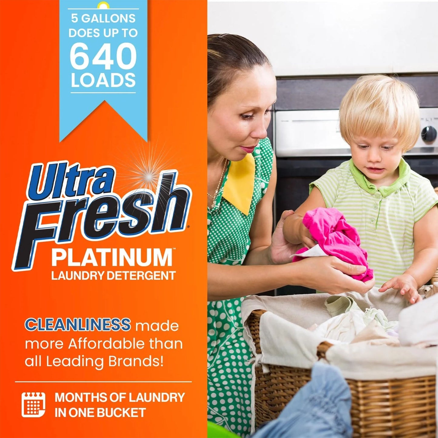 Ultra Fresh 6X Platinum Laundry Detergent, Up to 640 Loads, Bleach Alt, 5 Gallon