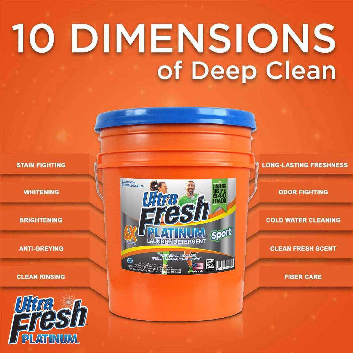 Ultra Fresh 6X Platinum Laundry Detergent, Up to 640 Loads, Bleach Alt, 5 Gallon