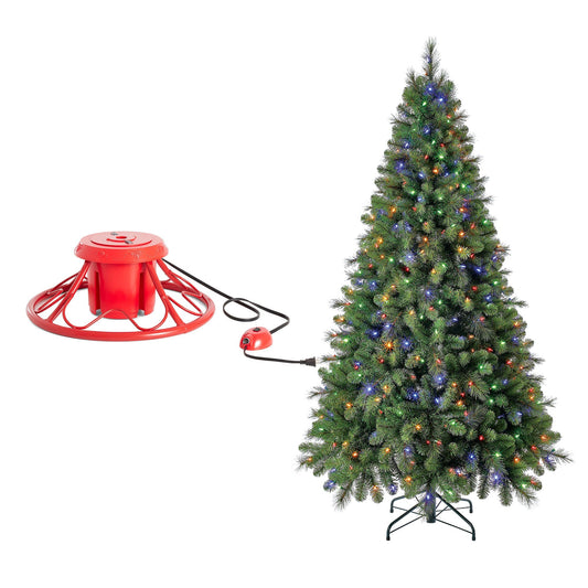 Home Heritage Rotating Tree Stand Base w/ Cascade 7 Ft Pre-Lit Holiday Tree