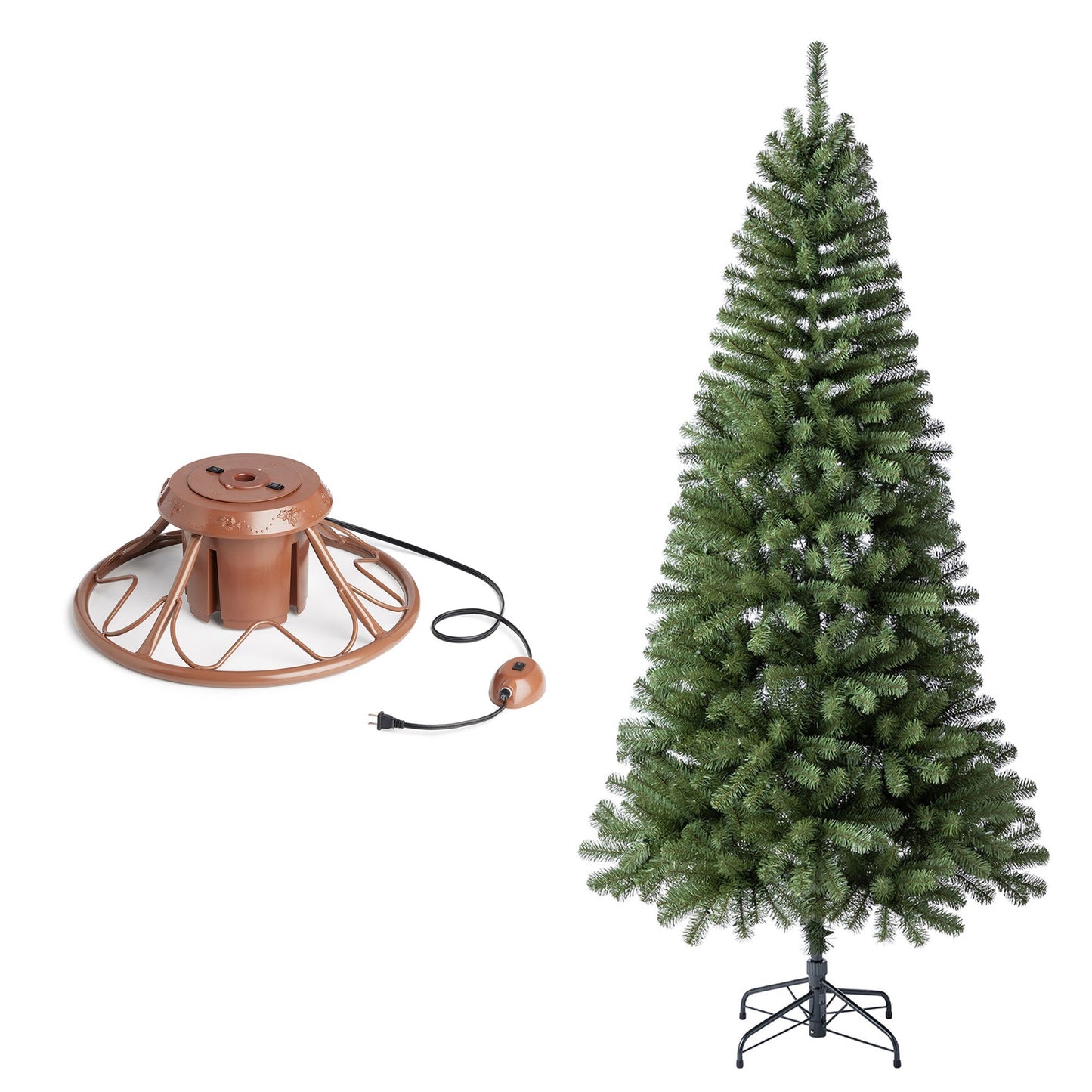 Home Heritage Rotating Tree Stand Base w/Brighampton Spruce 7' Pre-Lit Xmas Tree