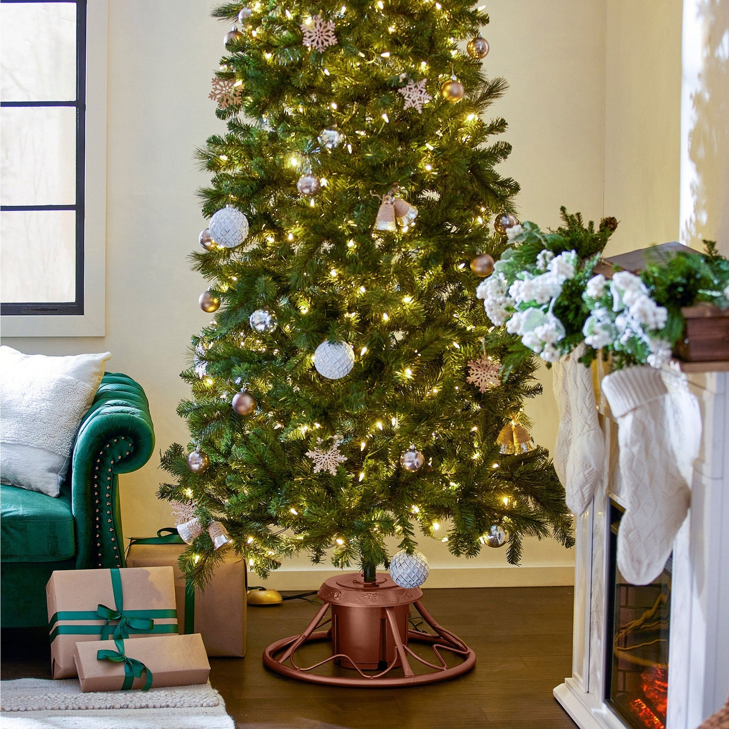 Home Heritage Rotating Tree Stand Base w/Brighampton Spruce 7' Pre-Lit Xmas Tree