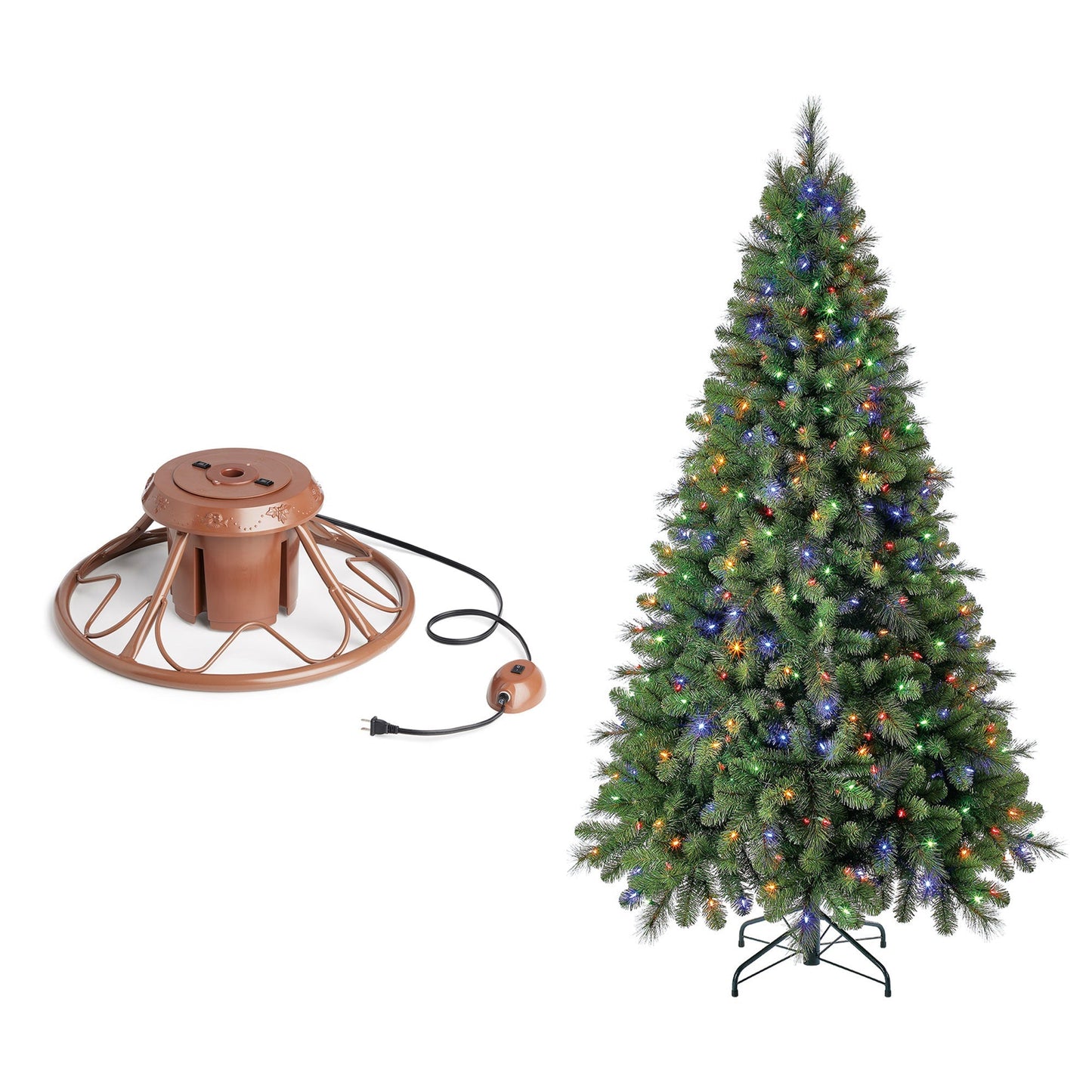Home Heritage Rotating Tree Stand Base w/ Cascade 7 Ft Pre-Lit Holiday Tree