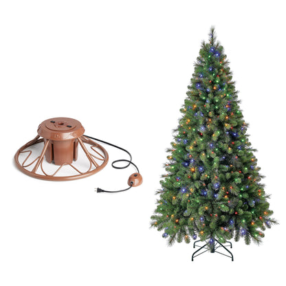 Home Heritage Rotating Tree Stand Base w/ Cascade 7 Ft Pre-Lit Holiday Tree