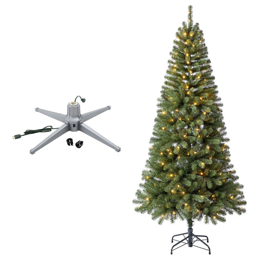 Home Heritage Rotating Tree Stand Base w/7' Brighampton Spruce Christmas Tree